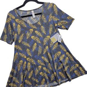 LuLaRoe Perfect T XXS Feather Grey Yellow Blue Boho Tribal Swing Tunic Tee Top